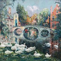 A Canal View of Bruges with White Swans - Beguinage Entrance