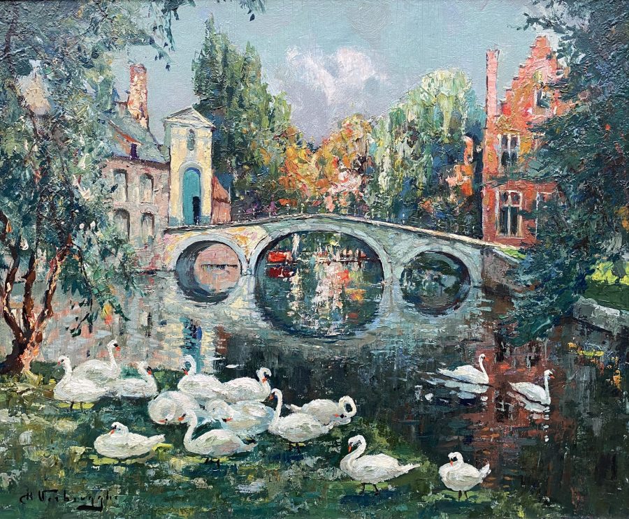 A Canal View of Bruges with White Swans - Beguinage Entrance