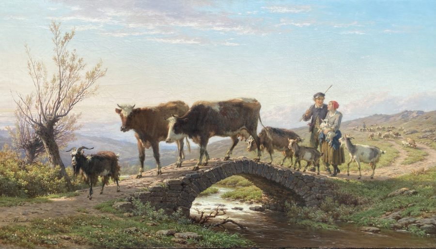 Shepherds Couple with Herd in a River Landscape