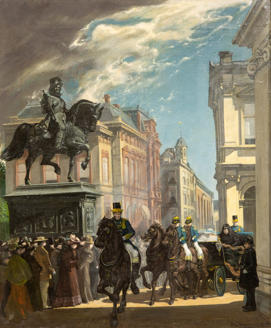 Queen Emma and Princess Wilhelmina depart by carriage from Noordeinde Palace, The Hague