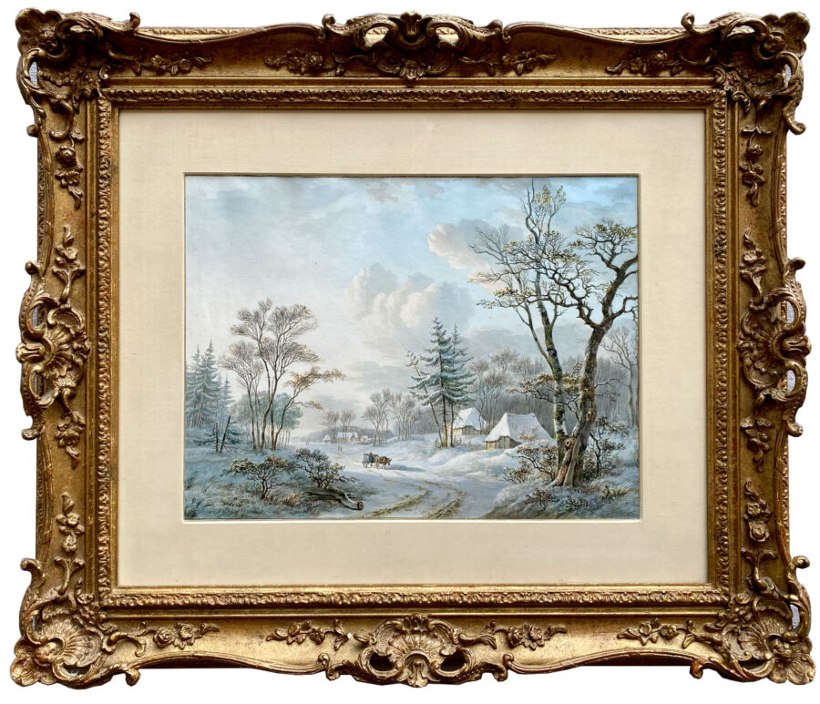 A winter landscape with an ox-cart on a wooded road near a village - Image 2