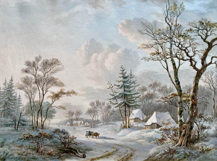 A winter landscape with an ox-cart on a wooded road near a village