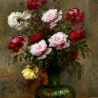 Various colourful roses in a glass vase