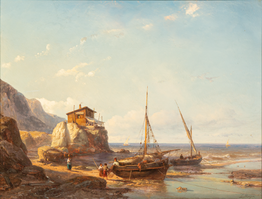 Fishermen’s Cove with two fishing boats on the beach