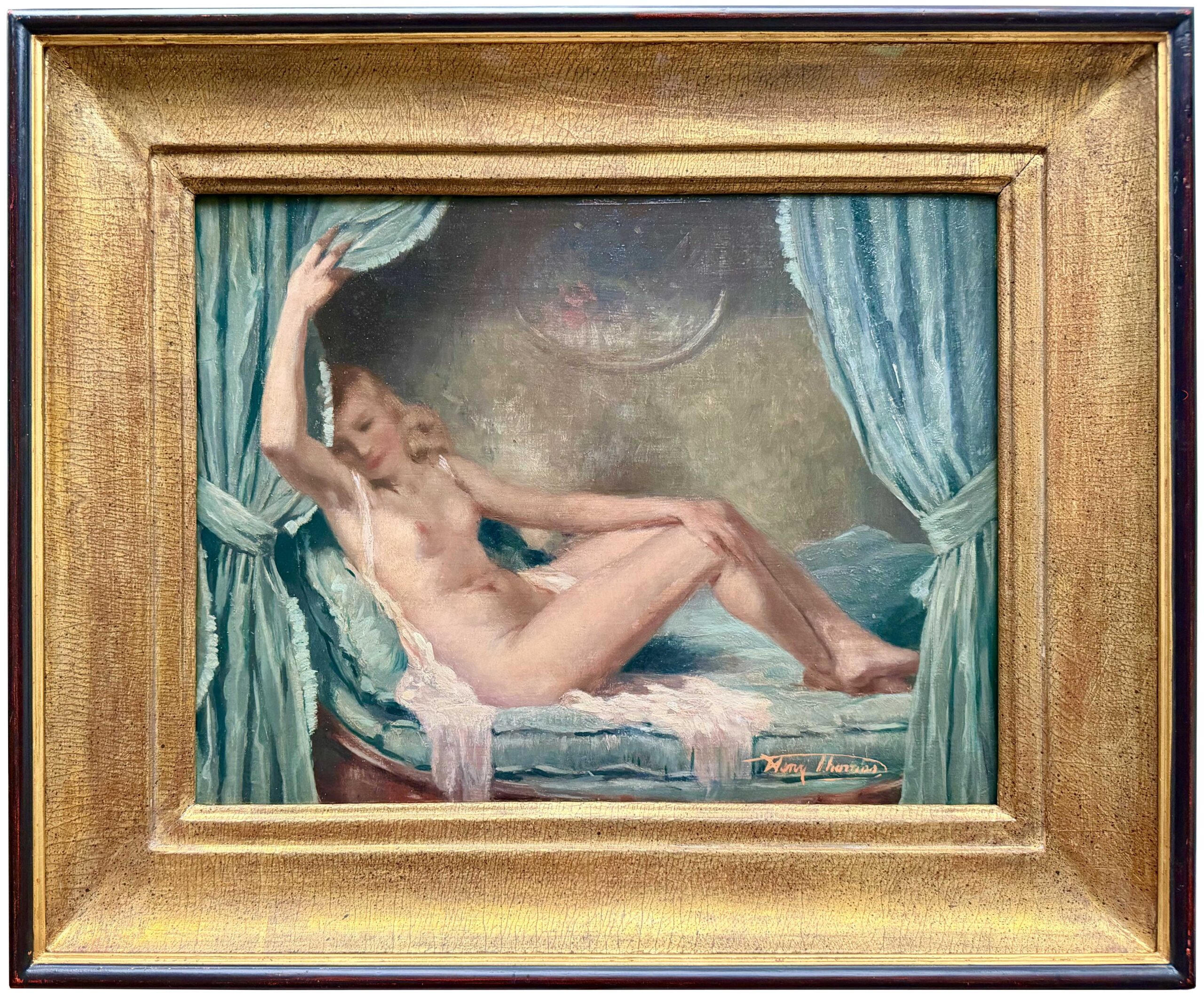Female Nude Behind Blue Curtains - Image 2